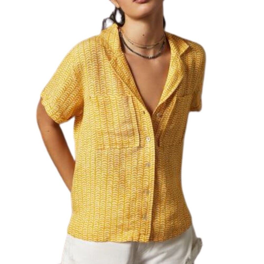 Anthropologie Maeve Women’s Tropical Yellow Linen Blend Surf Shirt Medium